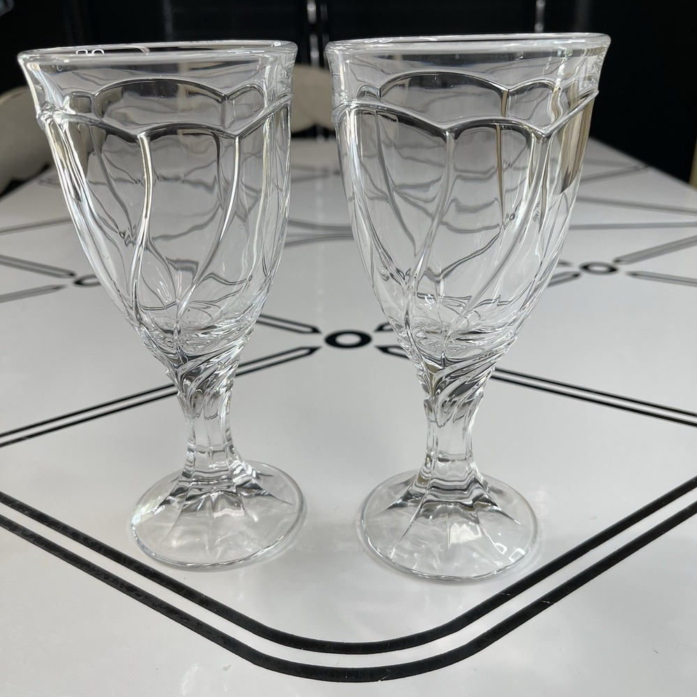 Noritake SWEET SWIRL Clear Wine Glasses / Goblets 6 3/4" Tall - Set of 2 - Heavy